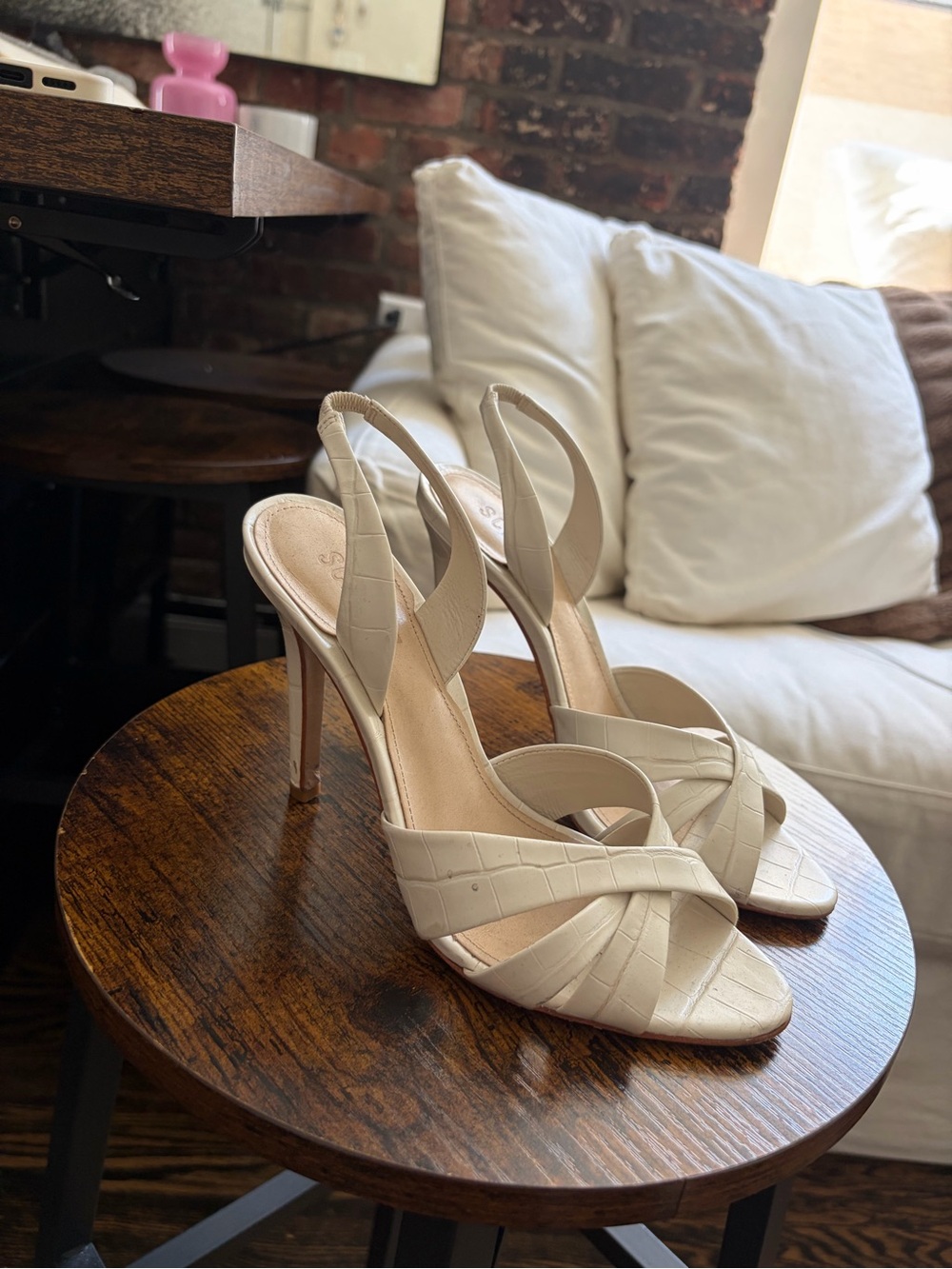 SCHUTZ Cream Croc-Embossed Slingback Heels - Picture 1 of 3